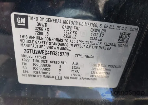 2015 GMC Sierra 1500 Denali z USA, uszkodzony, nr VIN 3GTU2WEC4FG315700